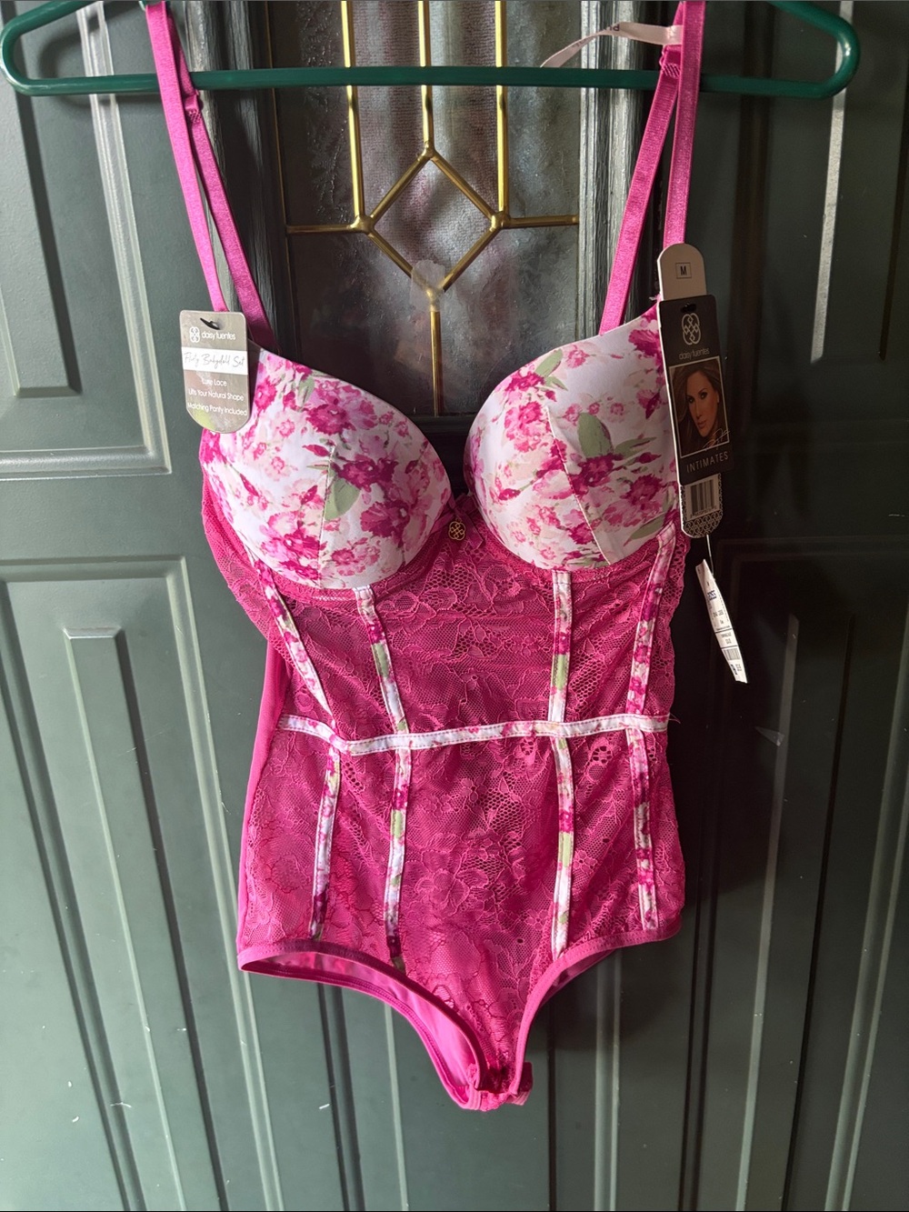 Daisy Fuentes Hot Pink Floral Lace Bustier Bodysuit